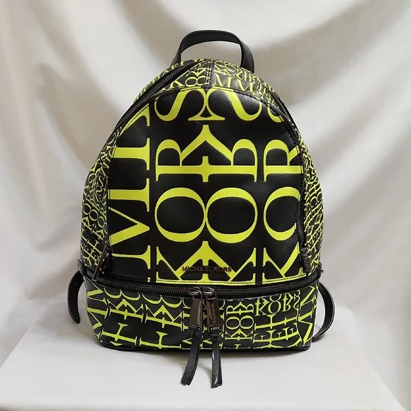 Michael Kors Rhea Medium Newsprint Print Logo Leather Backpack - Picture 1 of 15